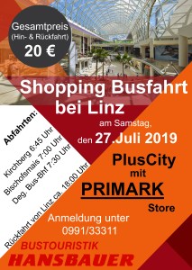 Flyer Shopping Fahrt 27.Juli 2019 PlusCity Linz